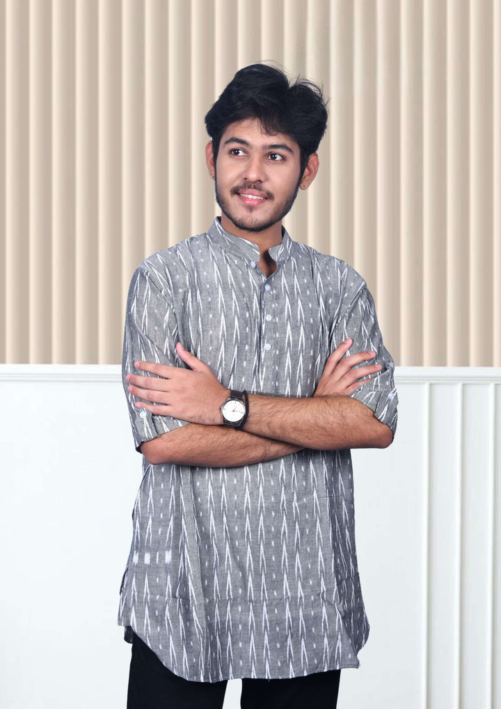 Sambalpuri Handloom V-shaped Grey Short Kurta for Men