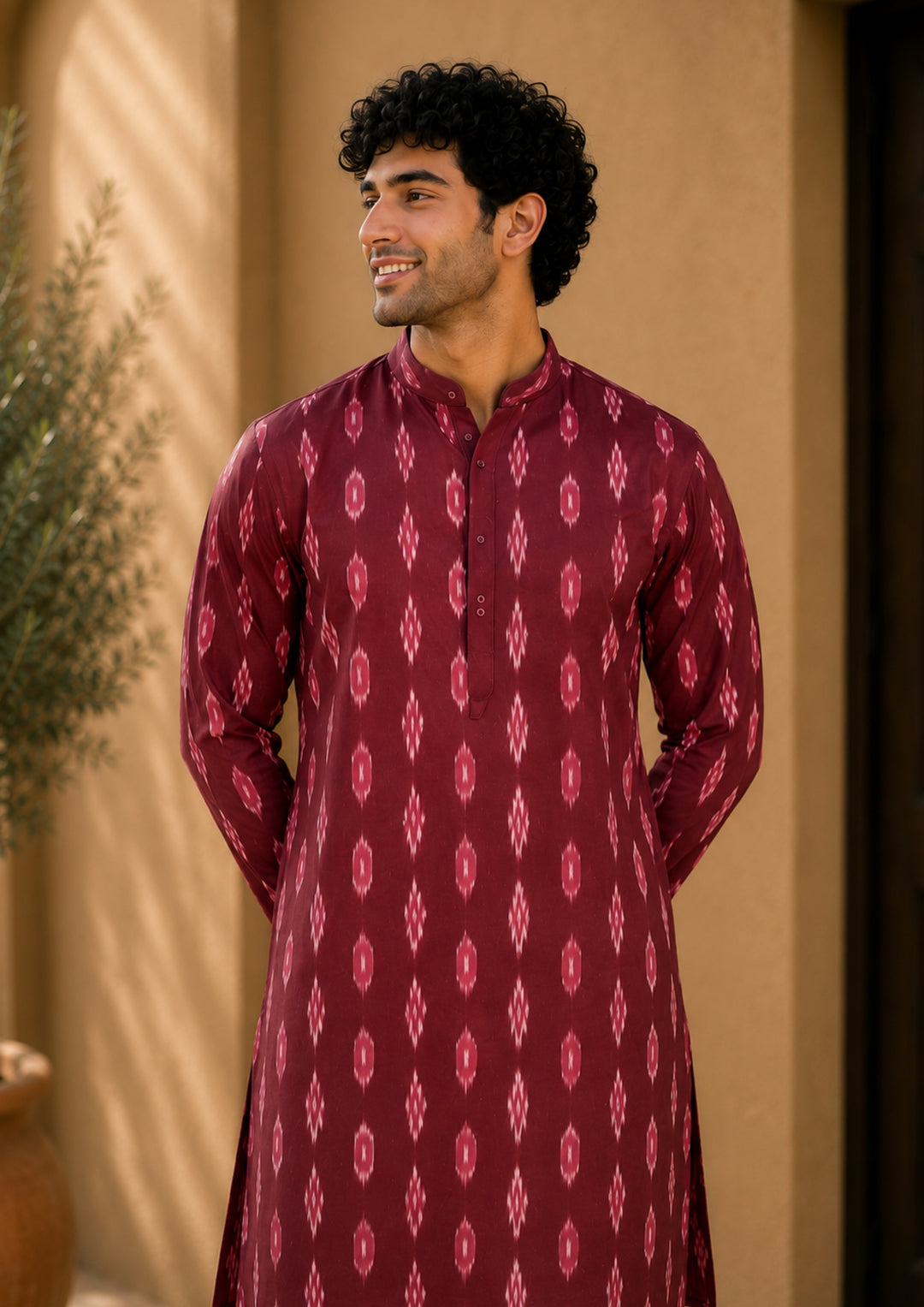 Sambalpuri Men's Long Kurta - Ikat Diamond Motif, Maroon Base with Pink & White Highlights