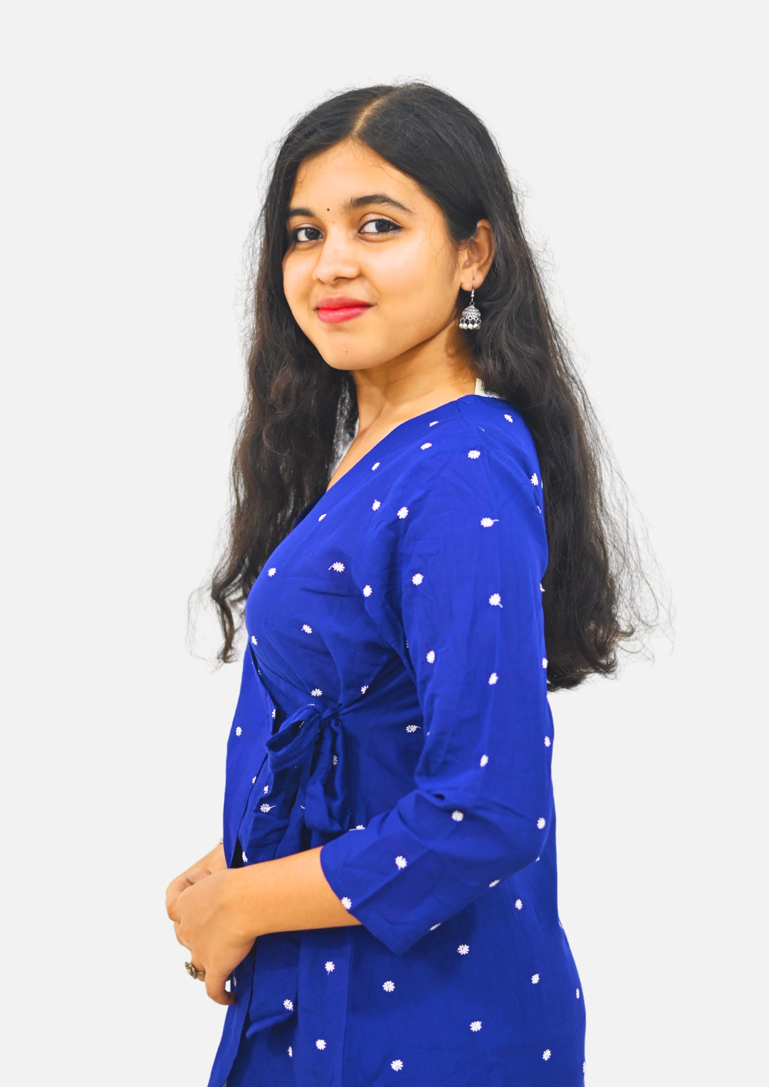 Wovio Modern Ikat Wrap Top - Navy Blue Base with White Dot Motifs & Side-Tie Design