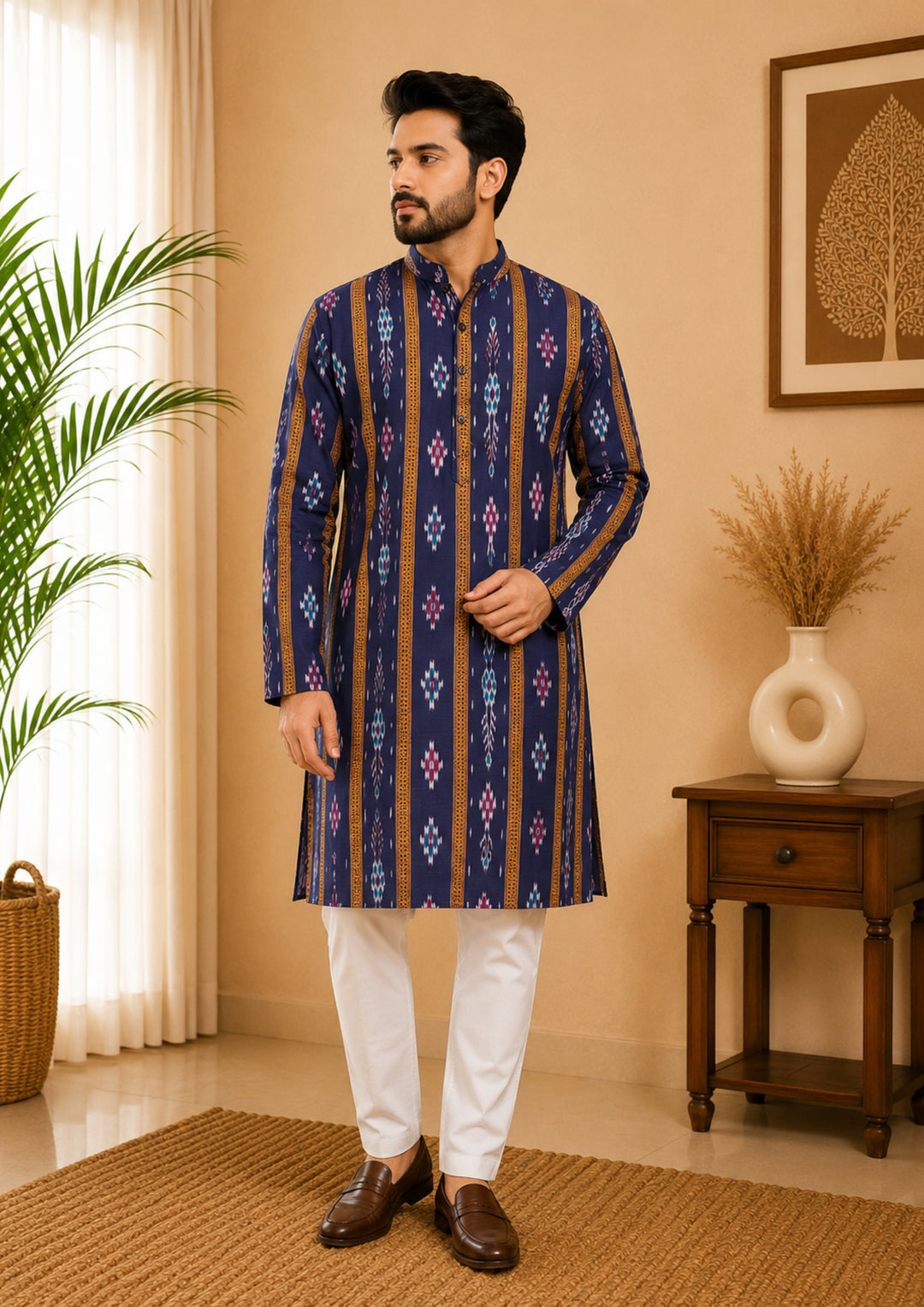 Sambalpuri Men's Long Kurta - Midnight Royale Kurta