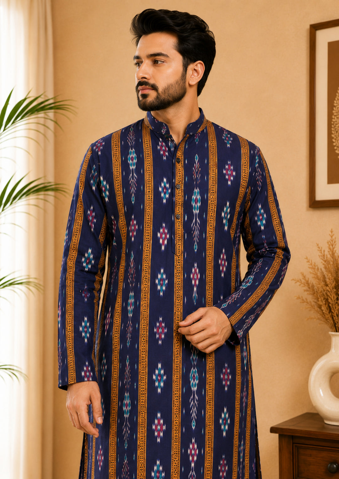 Sambalpuri Men's Long Kurta - Midnight Royale Kurta