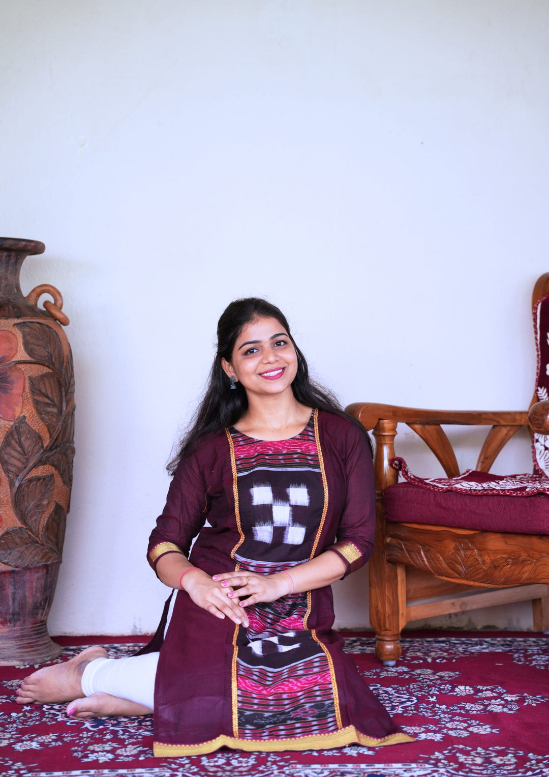 Sambalpuri Women's Kurti - Lace work Cotton Kurta in Dark Coffee