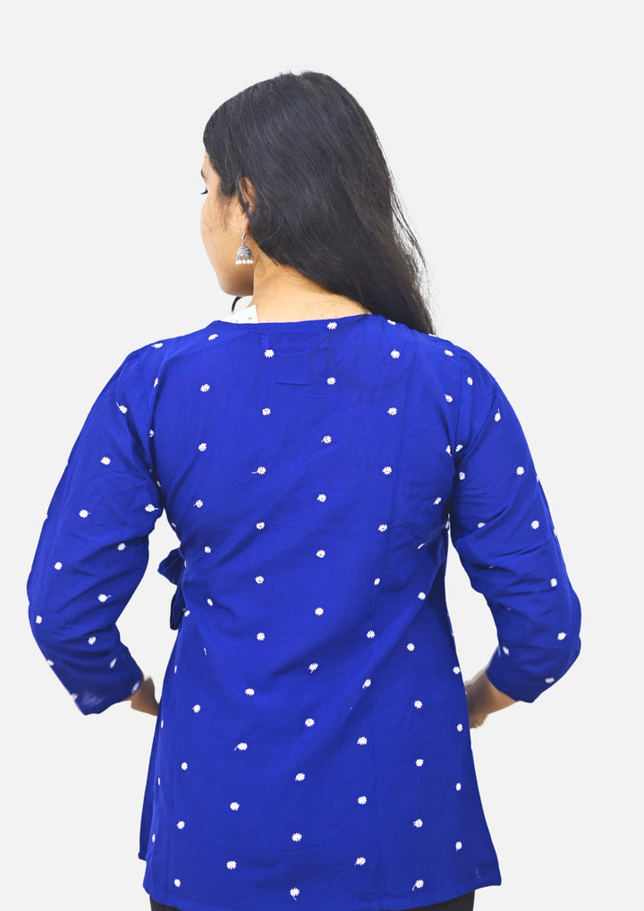 Wovio Modern Ikat Wrap Top - Navy Blue Base with White Dot Motifs & Side-Tie Design