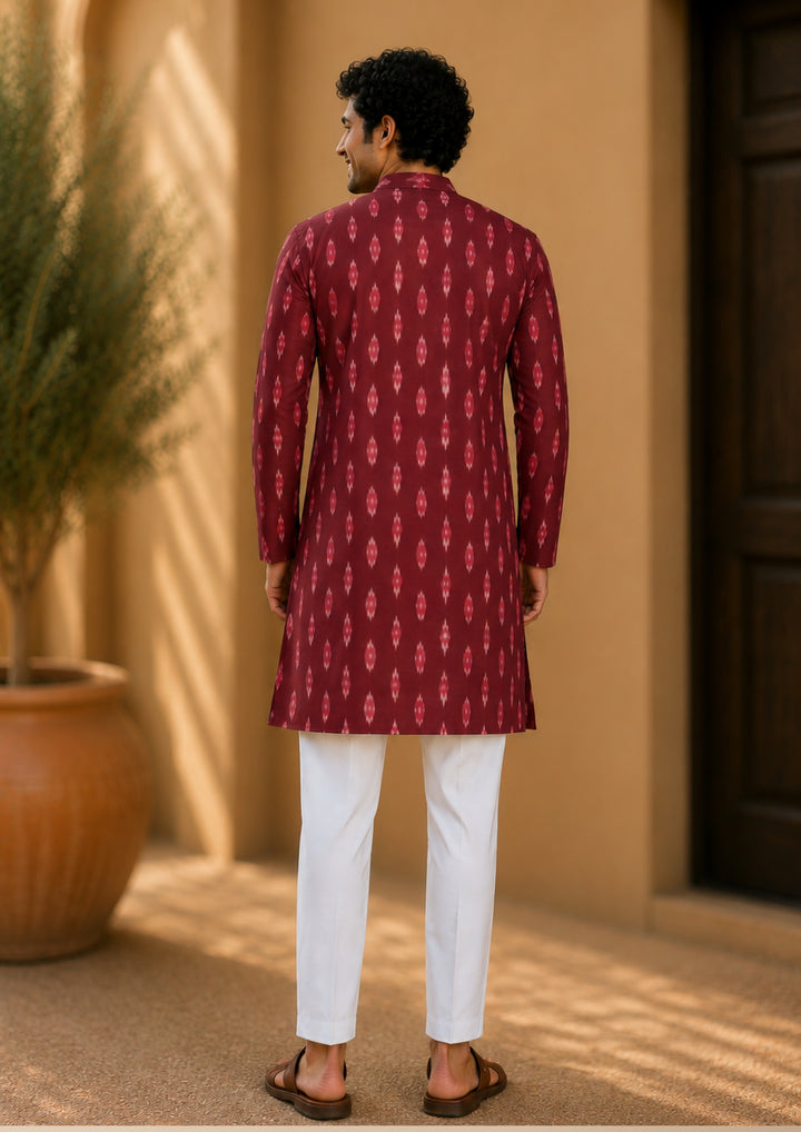 Sambalpuri Men's Long Kurta - Ikat Diamond Motif, Maroon Base with Pink & White Highlights