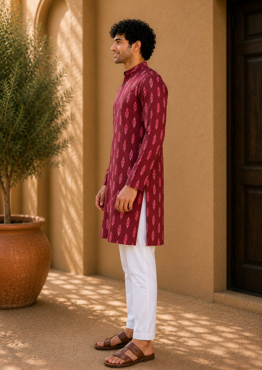 Sambalpuri Men's Long Kurta - Ikat Diamond Motif, Maroon Base with Pink & White Highlights