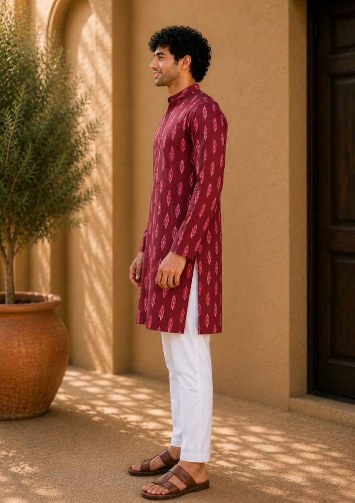 Sambalpuri Men's Long Kurta - Ikat Diamond Motif, Maroon Base with Pink & White Highlights