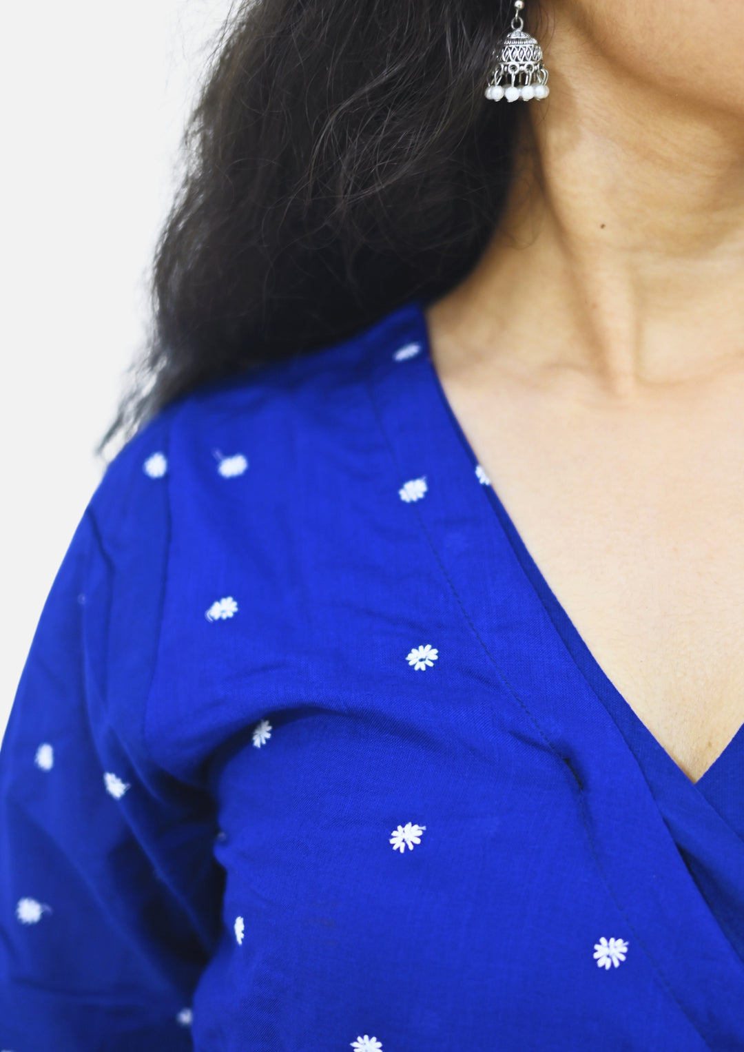 Wovio Modern Ikat Wrap Top - Navy Blue Base with White Dot Motifs & Side-Tie Design