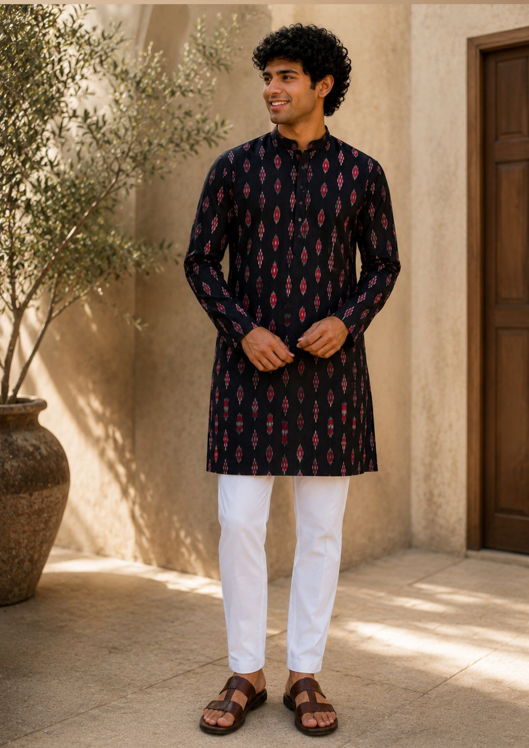 Sambalpuri Men's Long Kurta - Ikat Diamond Motif, Black Base with Pink & White Highlights