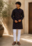 Sambalpuri Men's Long Kurta - Ikat Diamond Motif, Black Base with Pink & White Highlights