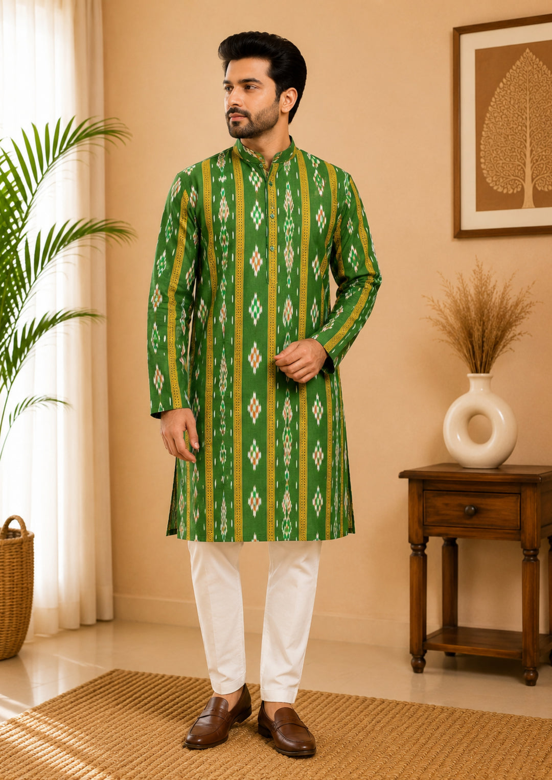 Sambalpuri Men's Long Kurta - Emerald Heritage Kurta