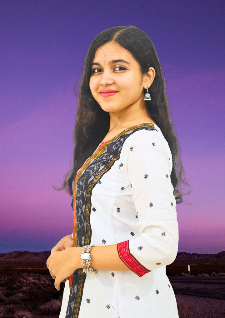 Wovio Modern Ikat Fusion Top V Neck – White Base with Mini Dot Motifs & Red–Black