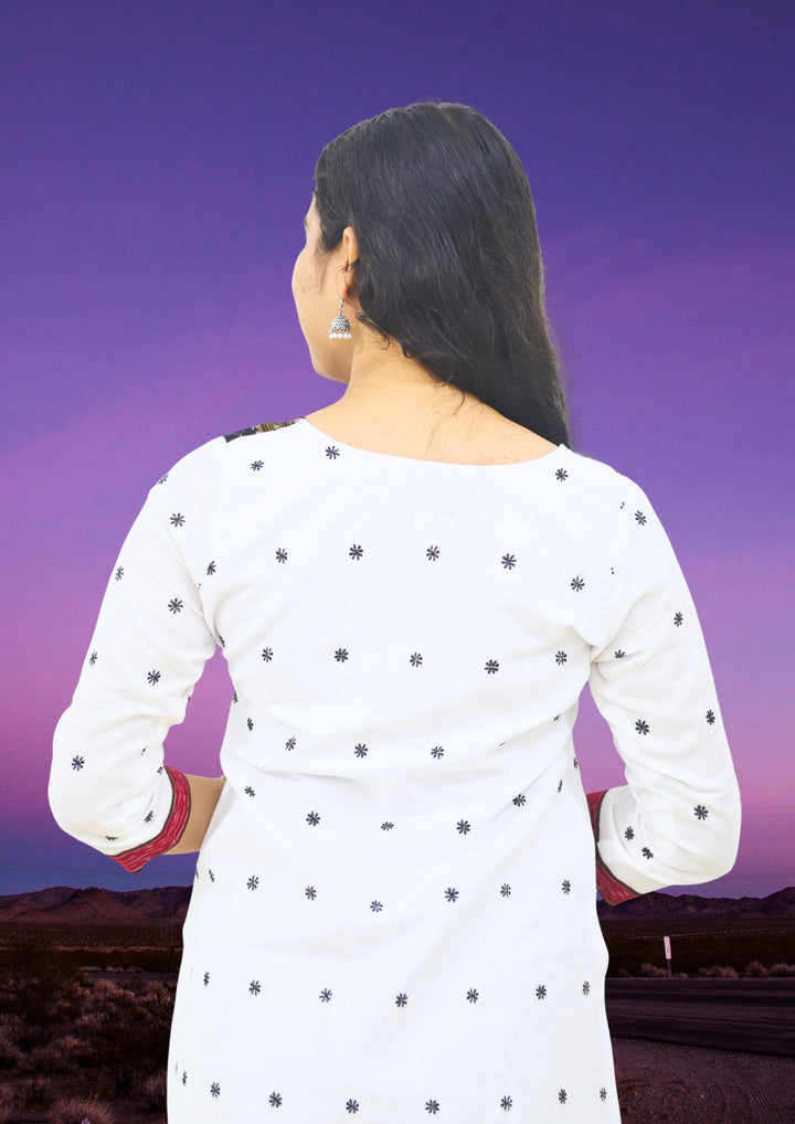 Wovio Modern Ikat Fusion Top V Neck – White Base with Mini Dot Motifs & Red–Black