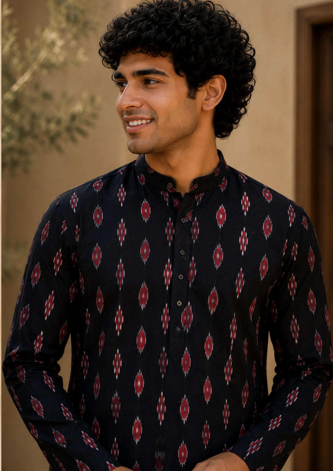 Sambalpuri Men's Long Kurta - Ikat Diamond Motif, Black Base with Pink & White Highlights