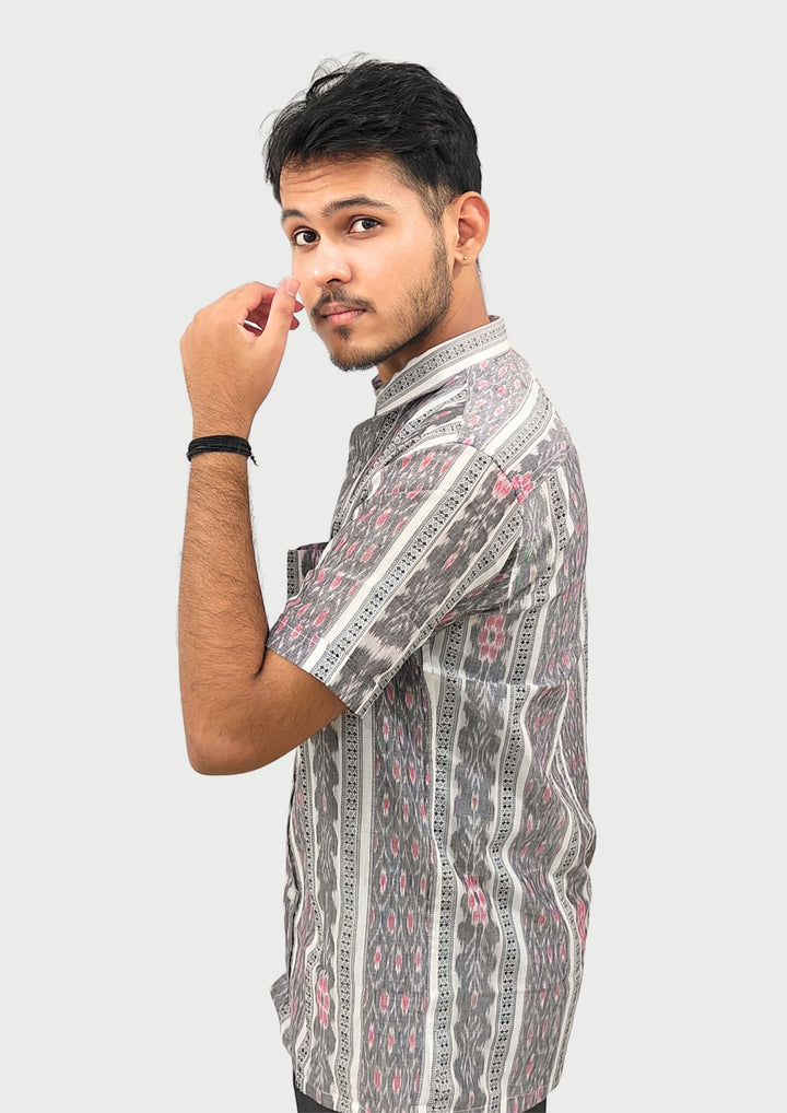 Sambalpuri Men’s Shirt – Ikat Floral & Geometric Vertical Stripes, Grey Base with Pink & White Highlights (Half Sleeve)