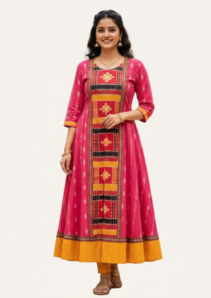 Sambalpuri Utkal Laxmi Heritage Gown – Yellow Red Pasapalli with Pink Blossom Edition