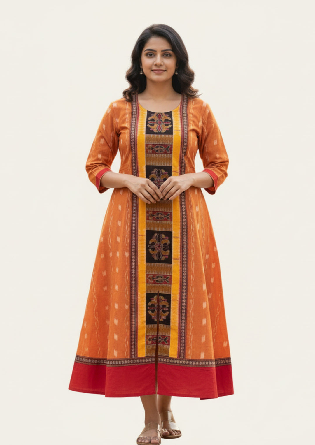 Sambalpuri Utkal Laxmi Heritage Gown – Yellow Red Flower with Sunrise Orange Edition