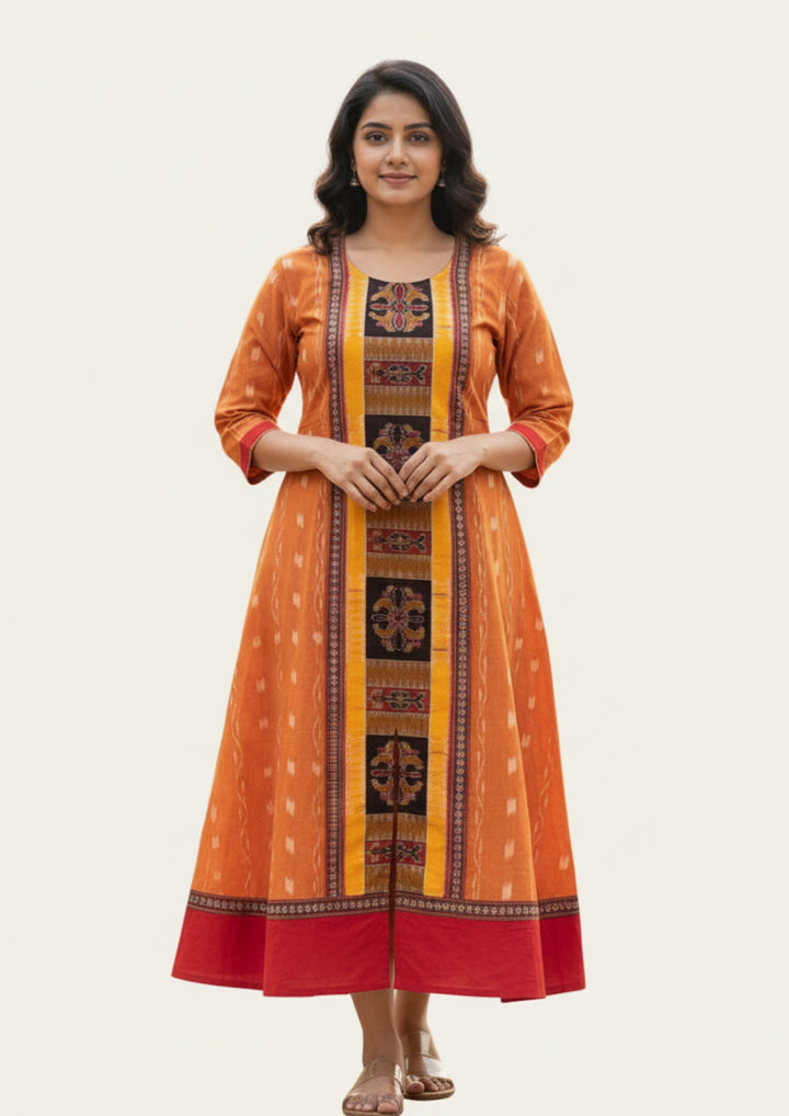 Sambalpuri Utkal Laxmi Heritage Gown – Yellow Red Flower with Sunrise Orange Edition