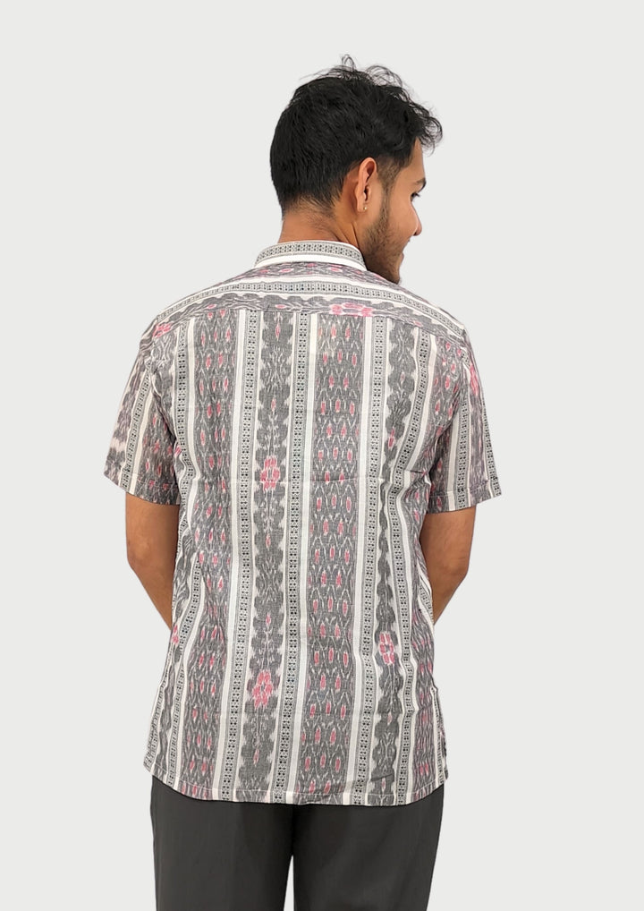Sambalpuri Men’s Shirt – Ikat Floral & Geometric Vertical Stripes, Grey Base with Pink & White Highlights (Half Sleeve)