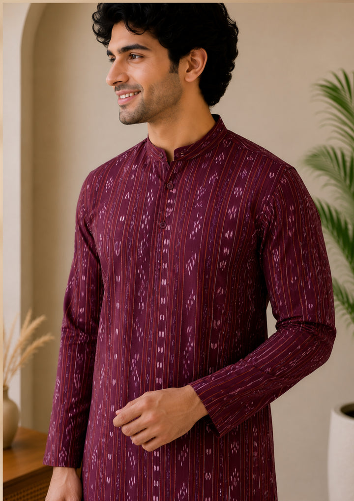 Men’s Long Kurta – Ikat Diamond Motif, Maroon Base with White & Pink