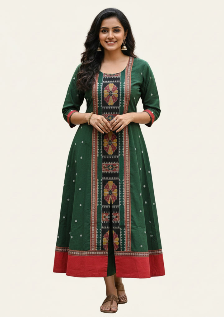 Sambalpuri Utkal Laxmi Heritage Gown – Green Red Flower with Green Butty Edition