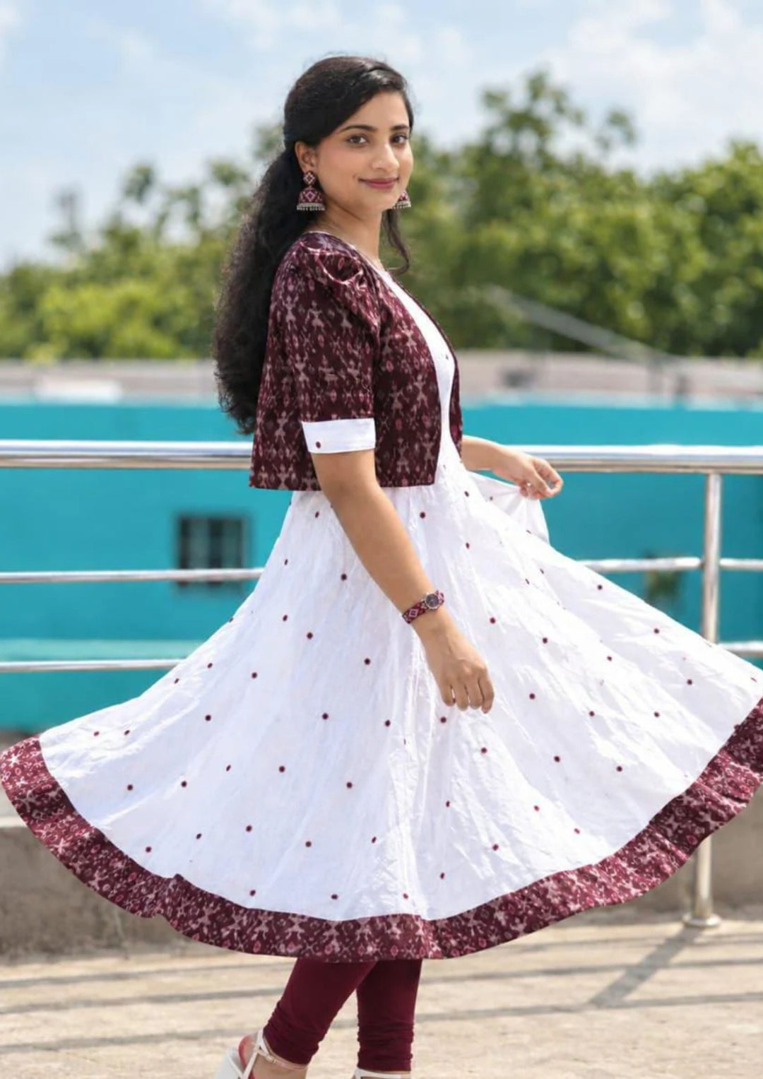 Women’s Pure Handloom Sambalpuri Cotton Jacket with Designer White Butty Flared Frock
