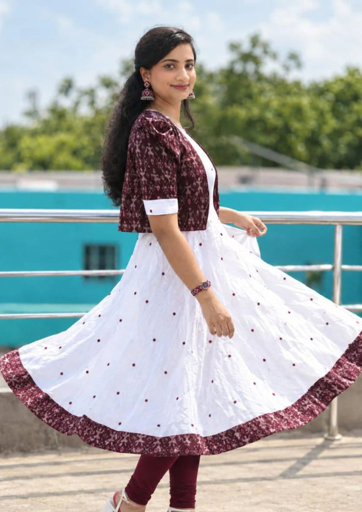 Women’s Pure Handloom Sambalpuri Cotton Jacket with Designer White Butty Flared Frock