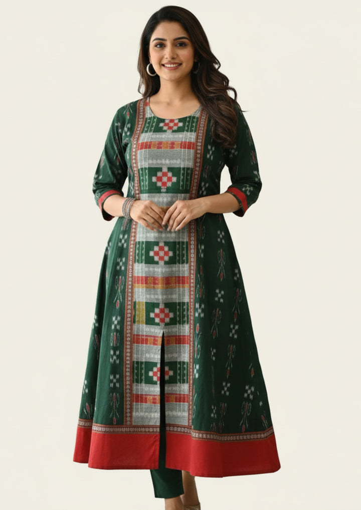 Sambalpuri Utkal Laxmi Heritage Gown – Green Red Pasapalli with Emerald Green Edition