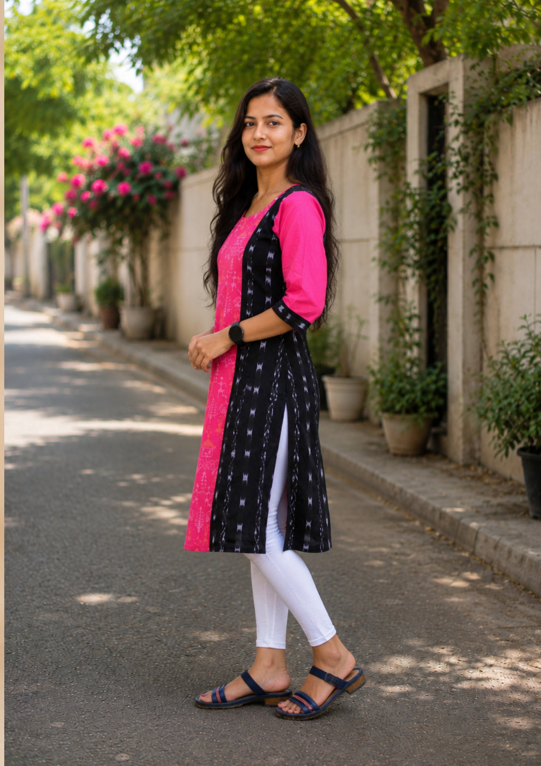 Sambalpuri Women's Kurti - Pink Cotton Ikat Panel Kurta with Black Side Panels