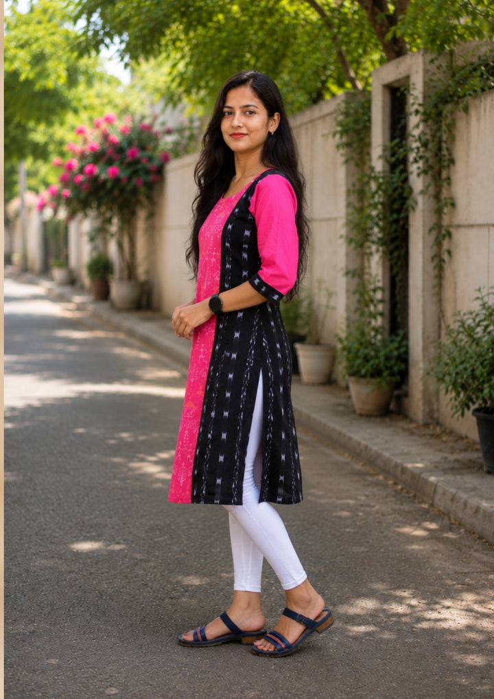 Sambalpuri Women's Kurti - Pink Cotton Ikat Panel Kurta with Black Side Panels