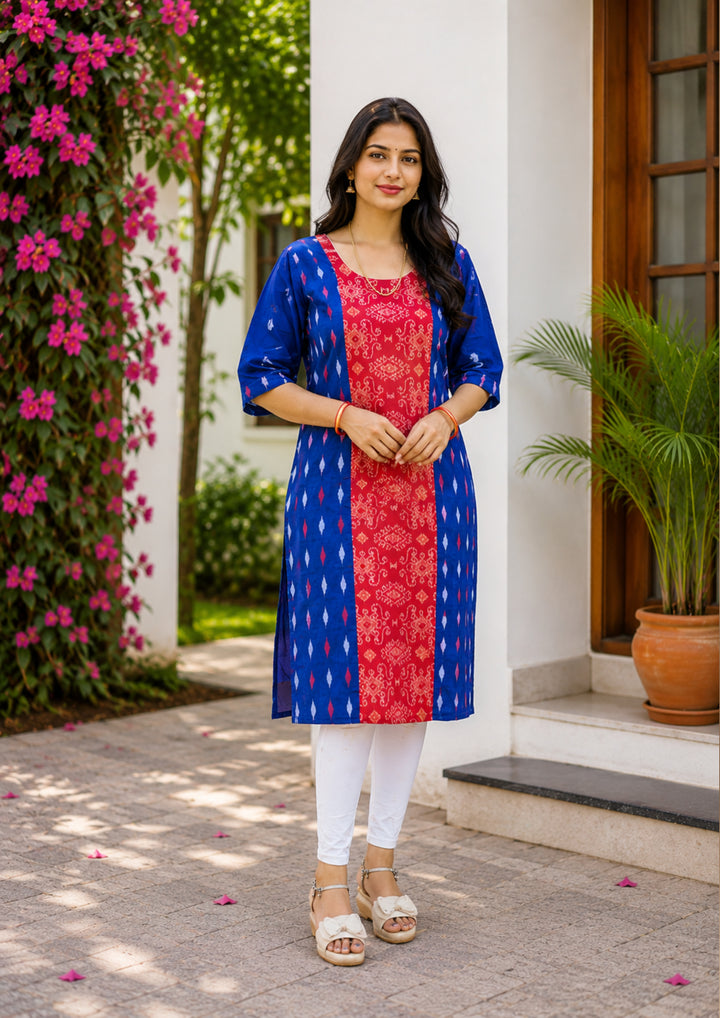 Sambalpuri Women's Kurti - Royal Blue & Crimson Ikat Elegance Kurti