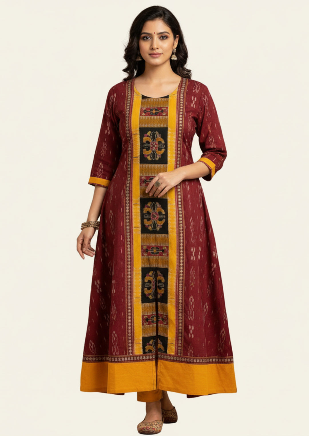 Sambalpuri Utkal Laxmi Heritage Gown – Yellow Red Flower with Maroon & Mustard Edition