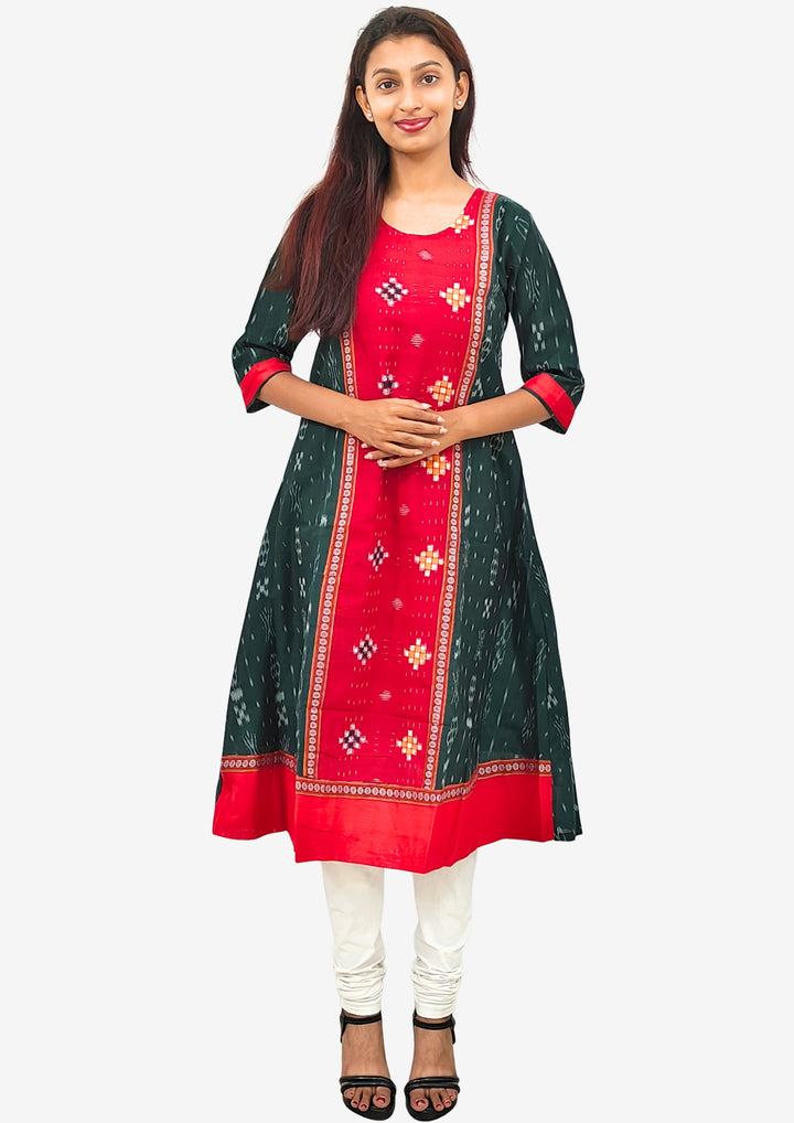 Sambalpuri Women’s Gown– Dark Green with Red Ikat Panel and Multicolor Floral Motif