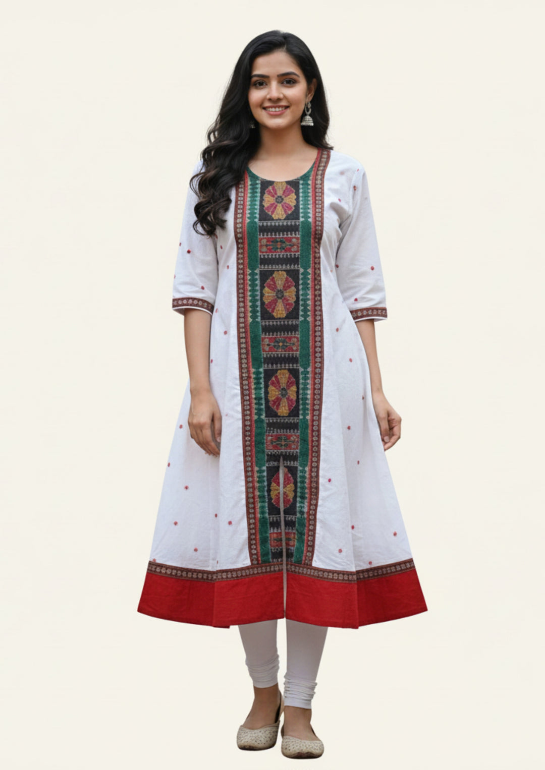 Sambalpuri Utkal Laxmi Heritage Gown – Green Red Flower with Milk White Edition