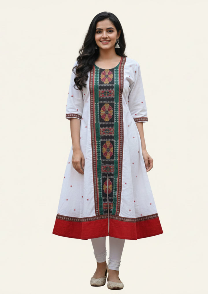 Sambalpuri Utkal Laxmi Heritage Gown – Green Red Flower with Milk White Edition