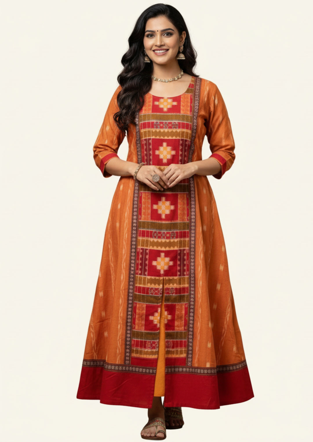 Sambalpuri Utkal Laxmi Heritage Gown – Yellow Red Pasapalli with Sunset Orange Edition