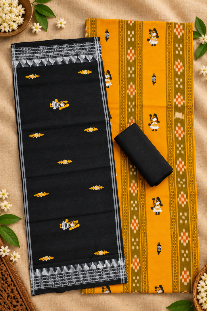Women's Sambalpuri Cotton Unstitched Suit Material – Mustard Top, Black Bottom & Dupatta