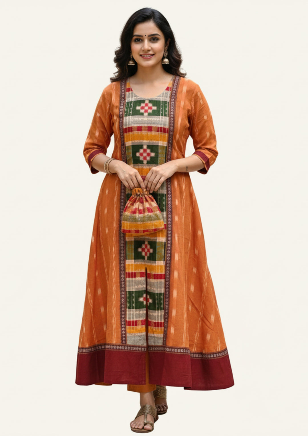 Sambalpuri Utkal Laxmi Heritage Gown – Green Red Pasapalli with Sunset Orange Edition