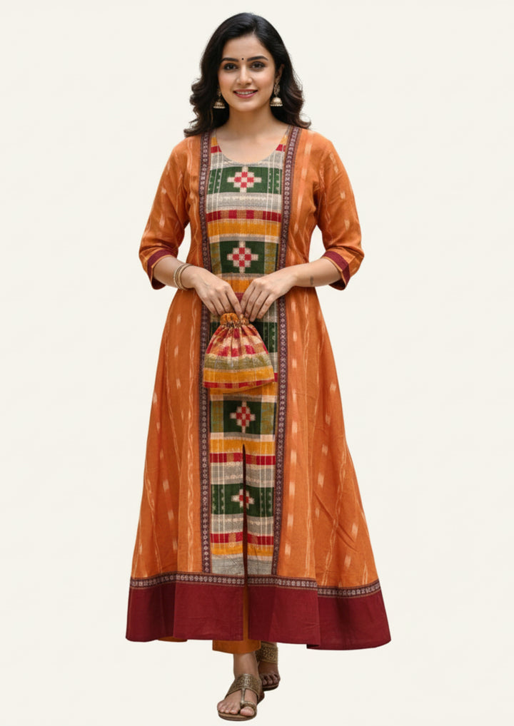 Sambalpuri Utkal Laxmi Heritage Gown – Green Red Pasapalli with Sunset Orange Edition