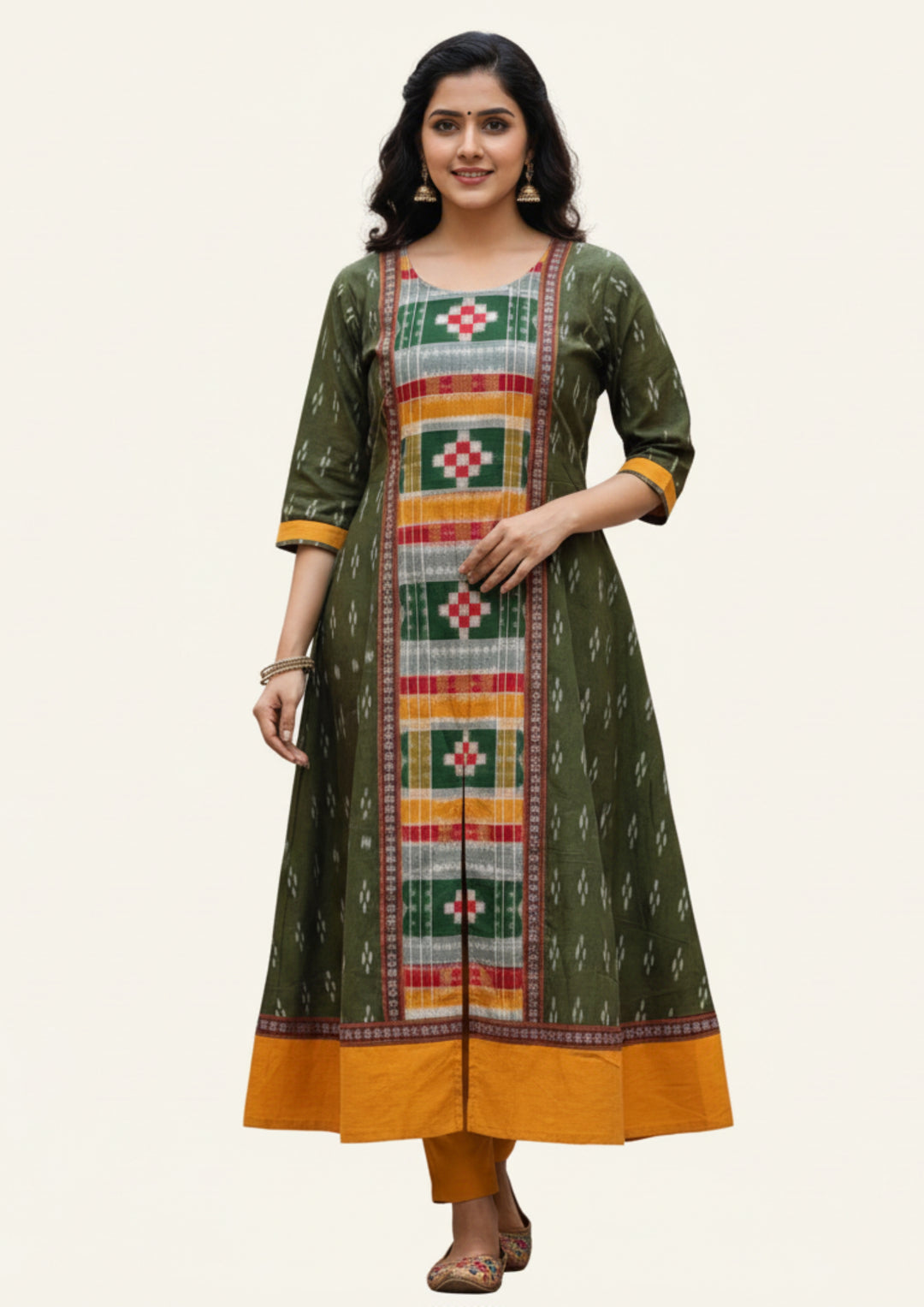Sambalpuri Utkal Laxmi Heritage Gown – Green Red Pasapalli with Olive Green Edition