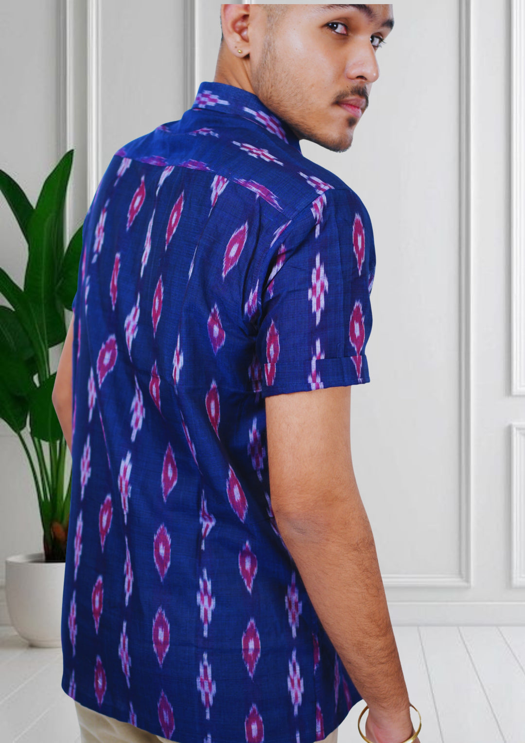 Sambalpuri Men’s Shirt – Ikat Diamond Motif, Navy Blue Base with Pink & White Highlights