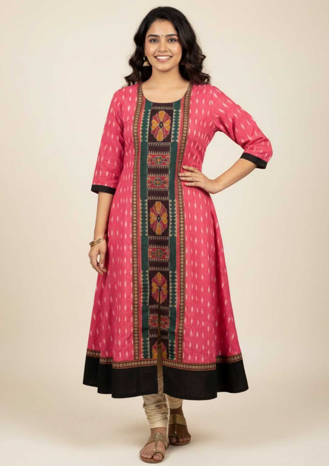 Sambalpuri Utkal Laxmi Heritage Gown – Green Red Flower with Rose Pink Edition