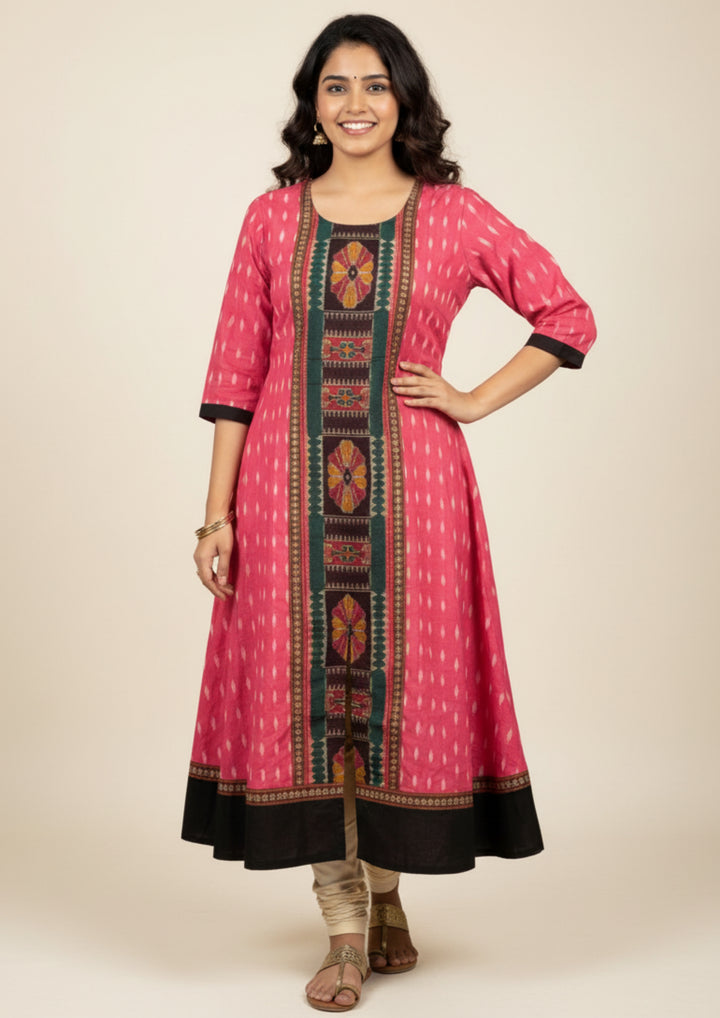 Sambalpuri Utkal Laxmi Heritage Gown – Green Red Flower with Rose Pink Edition