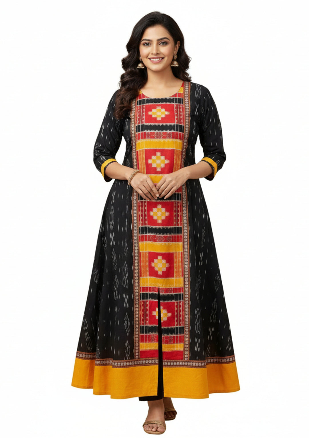 Sambalpuri Utkal Laxmi Heritage Gown – Yellow Red Pasapalli with Black & Marigold Edition