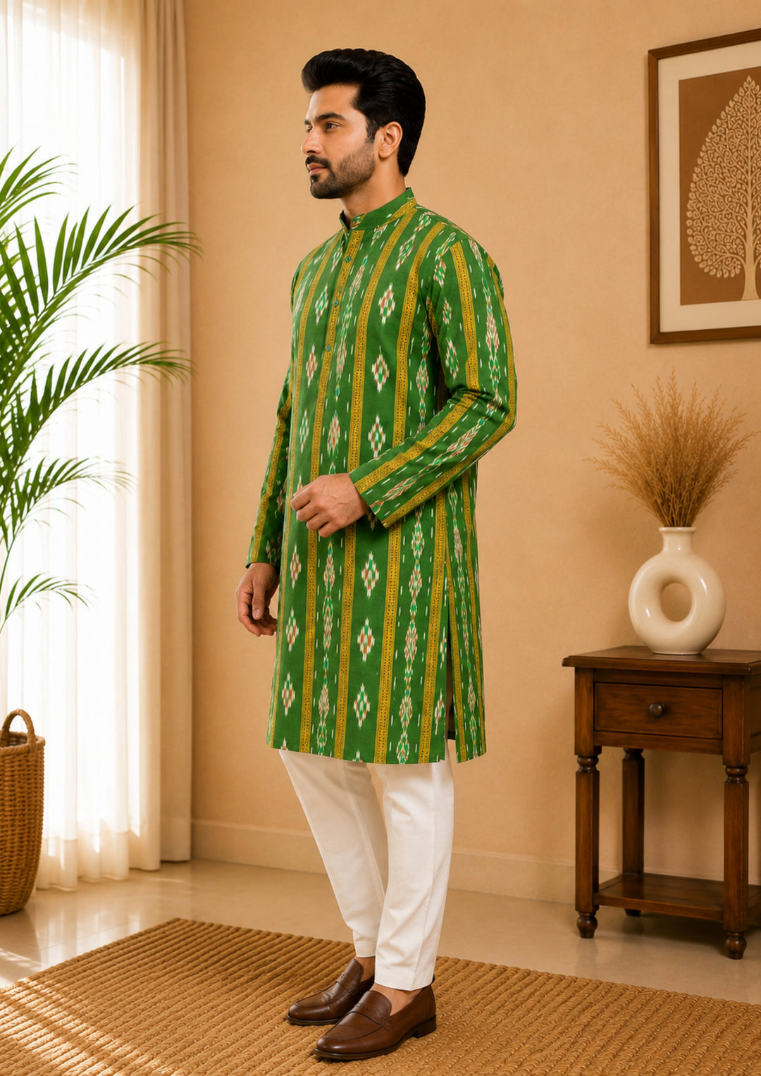 Sambalpuri Men's Long Kurta - Emerald Heritage Kurta