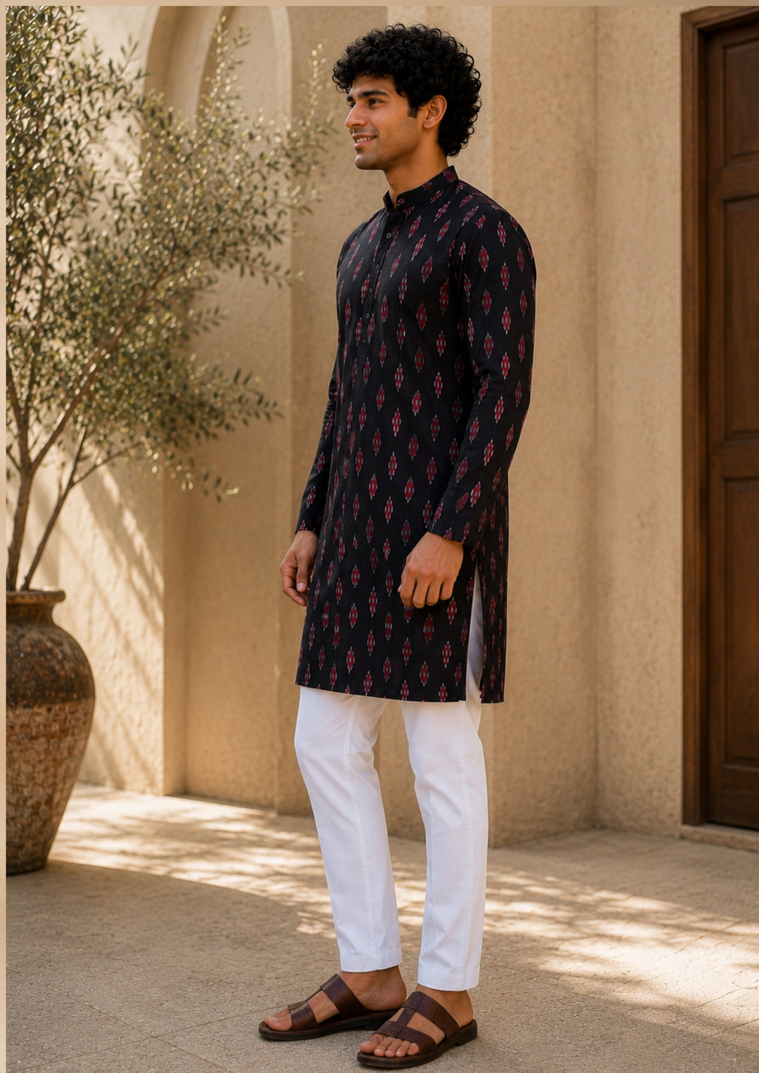Sambalpuri Men's Long Kurta - Ikat Diamond Motif, Black Base with Pink & White Highlights