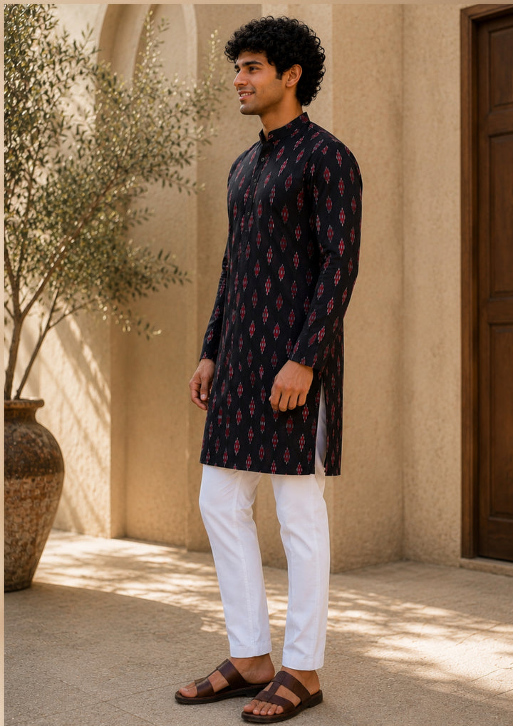 Sambalpuri Men's Long Kurta - Ikat Diamond Motif, Black Base with Pink & White Highlights