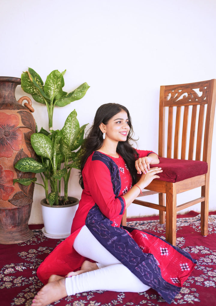 Sambalpuri Women's Kurti - Hand-woven Cotton Straight Kurta in Red & Blue