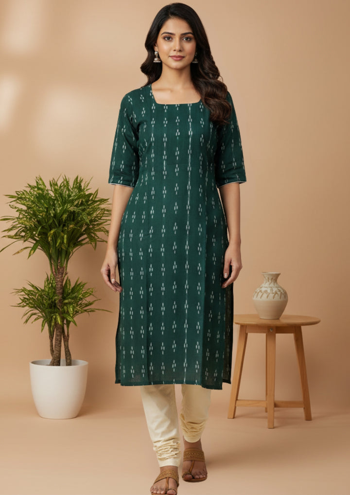 Sambalpuri Women's Kurti - Forest Green Classic Design Ikkat Kurti