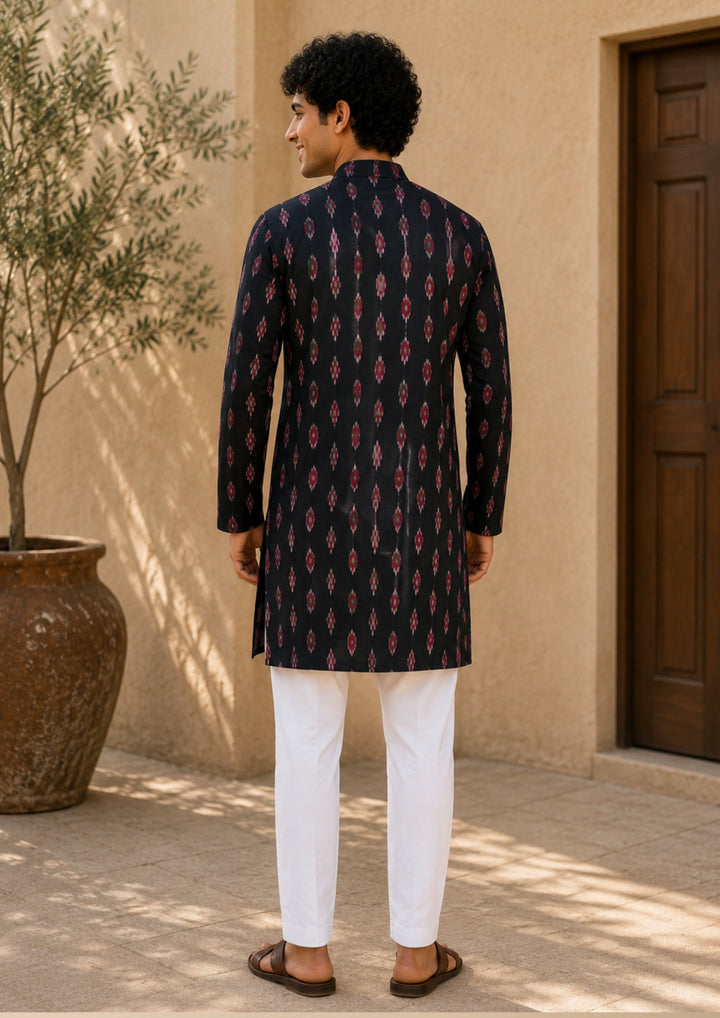 Sambalpuri Men's Long Kurta - Ikat Diamond Motif, Black Base with Pink & White Highlights