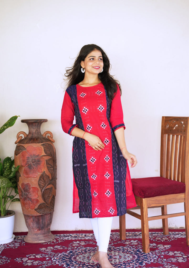 Sambalpuri Women's Kurti - Hand-woven Cotton Straight Kurta in Red & Blue
